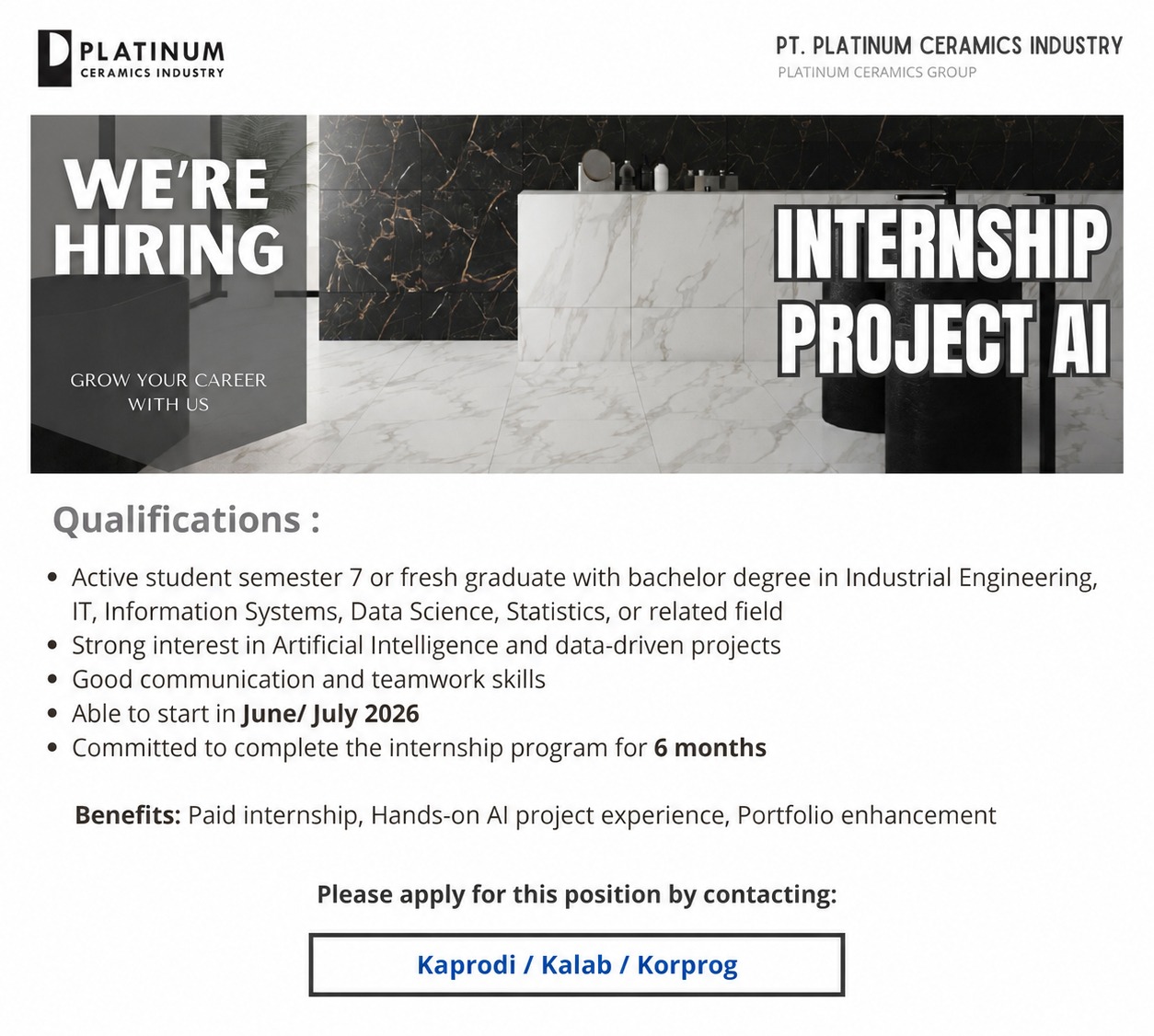 Internship Program (Gasal 26 - 27) - PT Platinum Ceramics Industry
