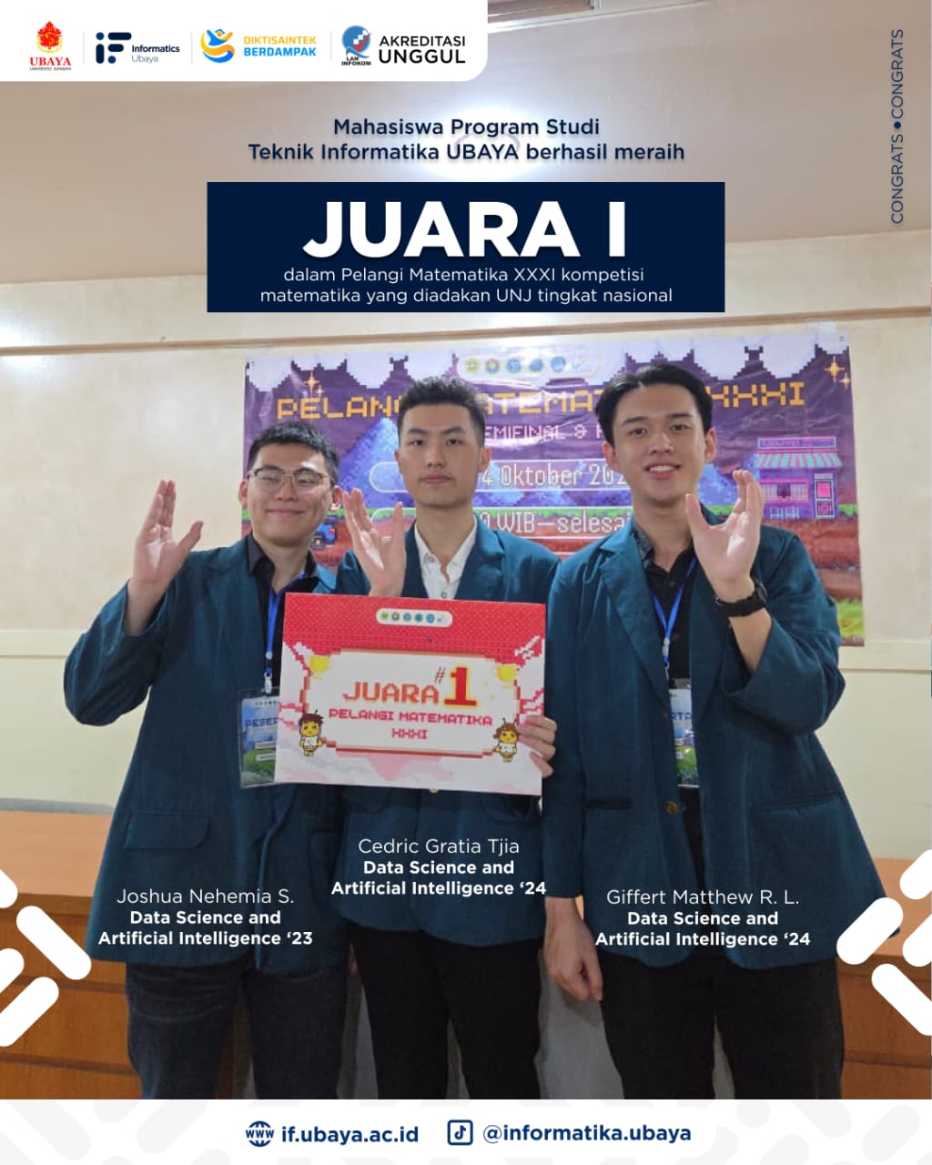 Mahasiswa Teknik Informatika Raih Juara 1 pada Kompetisi Pelangi Matematika UNJ